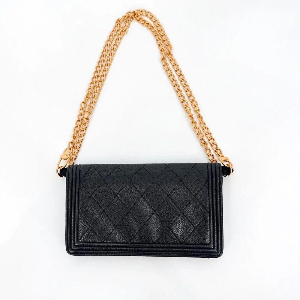 Chanel Boy Flap Wallet Black Quilted Caviar Gold Hardware Luxury Wallet on Chain
